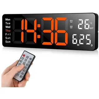 MODFU Wanduhr 13 Zoll LED Digitale Wand Uhr Küchenuhr Digitaluhr Tischuhr Wandwecker (mit Fernbedienung Einstellbare Timing und Countdown) orange