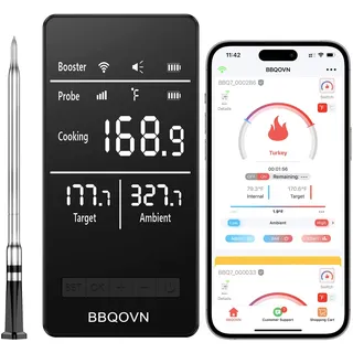 BBQOVN WLAN Bluetooth Fleischthermometer mit Unbegrenzter Reichweite, 7 NIST-zertifizierte Sensoren & Umgebungstemperatur, Kabelloses Thermometer für BBQ, Smoker, Ofen, Grill, Heißluftfritteuse