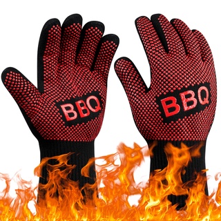 Flintronic Grillhandschuhe Hitzebeständig mit 800°C, Feuerfeste Handschuhe, Backhandschuhe, Kochhandschuhe, Ofenhandschuhe, für Backen, Küche & Grillen - Rot BBQ