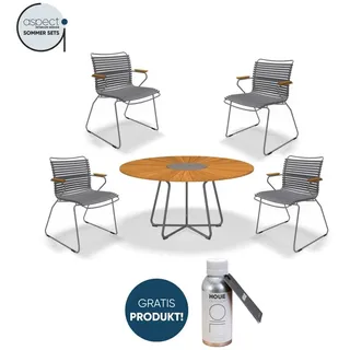 Houe Set aus CIRCLE Dining Table Ø150 und 4x CLICK Dining Chair mit Bambusarmlehen Dark Grey