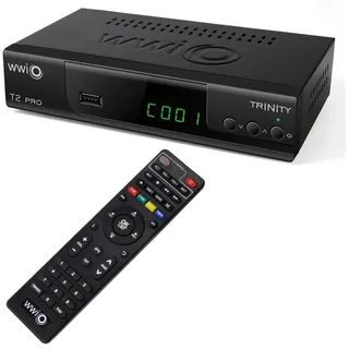WWIO Trinity T2 PRO mit 2 in 1 Fernbedienung, PVR, DVB-T2 HD Receiver (Unterstützt DVB‐T2 HEVC H.265 mit PVR‐ und Timeshift‐Funktion) schwarz