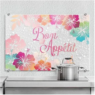 K&L Wall Art Spritzschutz Wandschutz Glas Spritzschutz Küche Schriftzug Klarglas Bon Appetit bunt