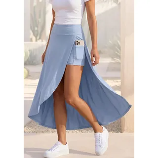 Maxirock LASCANA "mit integrierter Shorts und kleiner Tasche", Damen, Gr. 38, blau (rauchblau), Jersey, Obermaterial: 95% Viskose, 5% Elasthan, unifarben, figurumspielend knöchellang, Röcke Maxirock, langer Strandrock, luftiger Sommerrock mit Shorts, Jerseyrock