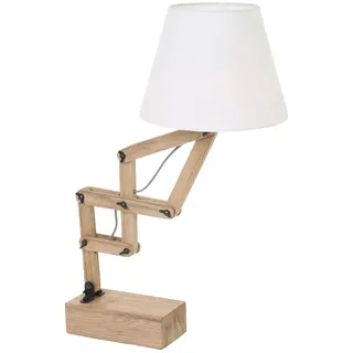 Tischlampe Holzleuchte weiß Beistelllampe Landhaus Nachttischleuchte Rustikal, bewegliche Gelenke Leselampe Textilschirm, 1x E27 Fassung, DxH 25x83 cm