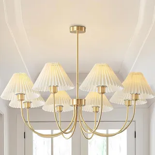 KCO Sputnik Kronleuchter aus gebürstetem Messing, goldfarben, mit weißen Plissee-Stoffschirmen, 8-flammig, Deckenleuchter, moderne Kronleuchter Mitte des Jahrhunderts