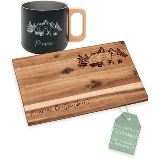 Abenteuernah Personalisiertes Vesperbrett Gravur und Tasse, Papa | Vatertag Brettchen, Opa Jausenbrett, Brotzeitbrett Wandern, Holzbrett Angler, Rennrad, Berg, Frühstücksbrett Camper