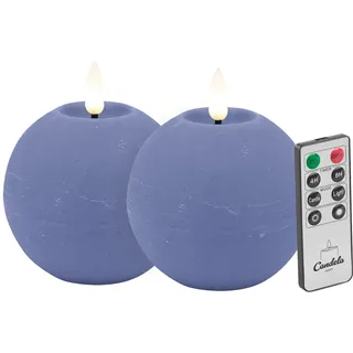Candela Lights LED Kerzen 2er Set Ø8x7cm blau rustic Kugelkerze Echtwachs mit Fernbedienung & Timerfunktion Flammenlose flackernde LED-Kerze mehrstufig dimmbar