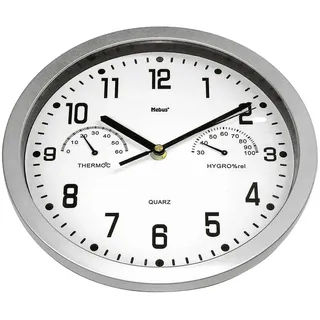 Mebus 06992 Quarz Wanduhr mit Thermometer / Hygrometer, Quarzwerk, Ø 25cm, silber (1 Stück)