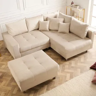 Elegante Wohnlandschaft KENT 220cm champagner beige Samt Ecksofa Federkern inkl. Hocker und Kissen - Beige