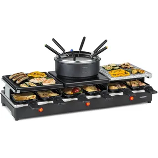 Klarstein Fonduelette XL - 3-in-1 Raclette-Grill & Fondue, 1650 Watt: Metall- /Naturstein-/Crêpesplatte, 3 separate Edelstahl-Heizelemente, bis 12 Personen, Antihaftbeschichtung, schwarz