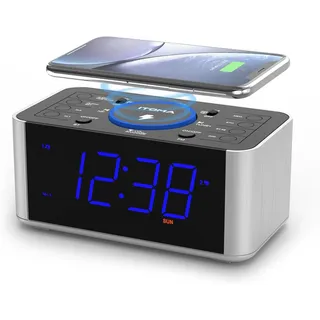 iTOMA Radiowecker Kabelloses Laden, USB-Port, Bluetooth, FM-Radio, Dimmer-Display silberfarben