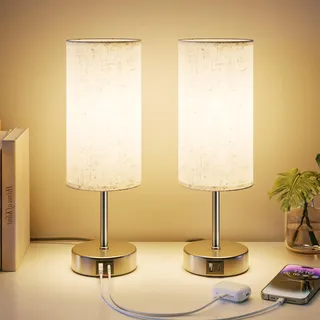 UPXNBOR Nachttischlampe Touch 2er Set, Tischlampe Dimmbar mit Ladefunktion | Schreibtischlampe mit USB-A+C Ladefunktion, 3-stufigem Warmlicht, Leinen-Lampenschirm, 1,5 m Kabel, E27-Lampe inkl., Silber