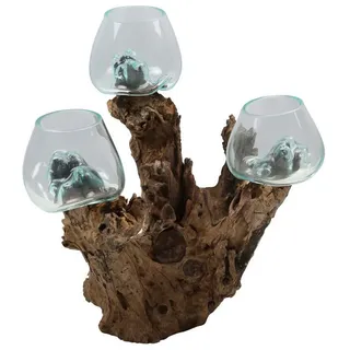 Casa Moro Dekovase DREI Glasvasen auf Teak-Wurzelholz – Ø 12 cm Vasen auf Holz, Jede Deko-Schale ist ein Unikat braun