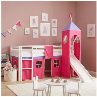 Homestyle4u Hochbett 90 x 200 cm Kiefer massiv lackiert weiß pink