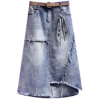 JITEM Damen Jeansrock mit unregelmäßigem unregelmäßigem Rand, lässig, hohe Taille, A-Linie, asymmetrisch, Übergröße, Midi-Jeansrock mit Gürtel