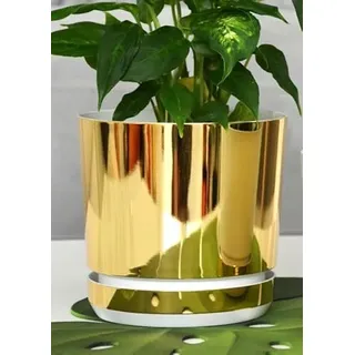 KERD Eleganter Blumentopf 18 cm Gold-Weiß, Runder Pflanzkübel für Innen mit Untersetzer, Deko Übertopf aus 100% Recycling-Kunststoff