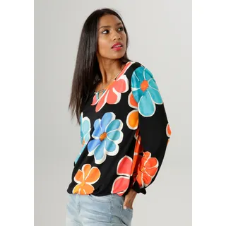 Langarmshirt ANISTON SELECTED, Damen, Gr. 36, bunt (schwarz, türkis, orange, blau, rot, beige), Single Jersey, Obermaterial: 95% Viskose, 5% Elasthan, bedruckt, geblümt, figurumspielend hüftbedeckend, Rundhals, mit Gummizug, Shirts Langarmshirt, mit Cut-out und farbenfrohem Blütendruck