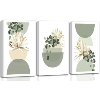 3 Stück neutrale abstrakte Boho-Leinwandkunst, Beige, Salbeigrün, Mitte des Jahrhunderts, moderne Pflanzen, Bohemien-Bilder, Wanddekoration, Poster, Drucke für Schlafzimmer, Wohnzimmer, Badezimmer