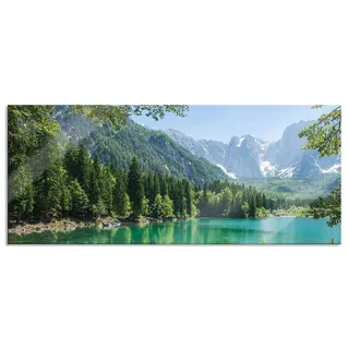 Pixxprint Glasbild Panorama, Wandbild aus Echtglas, Wunderschöner See im Wald, 120x50 cm, inkl. Aufhängung und Abstandshalter