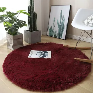 Hiseng Teppich Rund Flauschiger Waschbar, Hochflor Plüsch Weicher Teppich Wohnzimmer Teppich Modern für Wohnzimmer Kinderzimmer Schlafzimmer Flur Läufer Sport Innen (140cm,Weinrot)