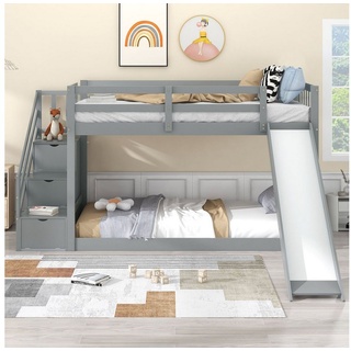 Flieks Etagenbett, Kinderbett mit Rutsche und Stauraumtreppe 90x200cm grau