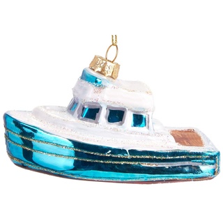 BRUBAKER Christbaumschmuck Mundgeblasene Weihnachtskugel Motorboot, Weihnachtsanhänger aus Glas, handbemalt - Lustige Weihnachtskugel Boot ca. 10.5 cm blau|weiß