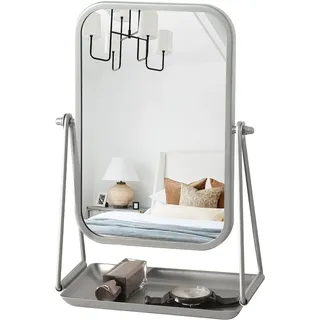 Gosider Tischspiegel mit Stauraum Silberne Schminkspiegel mit Ständer Kleine Standspiegel mit Eisenrahmen 360° drehbar Verstellbarer tragbarer Tischspiegel für Ankleidezimmer und Badezimmer