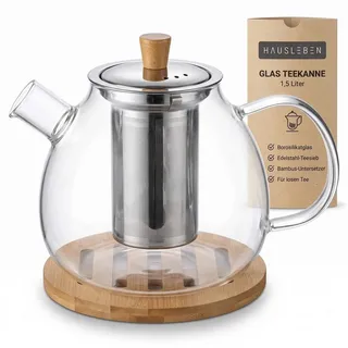 hausleben Teekanne Teekanne aus Glas mit Edelstahl-Sieb Unterteller Dobin – 1,5 Liter, (Set, 1-St., 1 Edelstahlsieb, 1 Teekanne, 1 Bambus-Untersetzer), Bambus Unterteller Tropffrei, Hitzebeständig, Spülmaschinenfest weiß