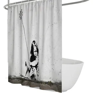 BYJING Art Grau-weiße Drucke Duschvorhang Banksy Graffiti Print Landschaft Kunst Gewichtete Badezimmer Duschvorhänge Home Hotel Qualität Quick Dry 90x180cm