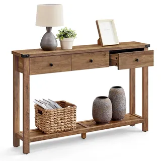 VASAGLE Konsolentisch Schmal, mit Schubladen, 120 x 24 x 76 cm | Flurtisch aus Holz, Beistelltisch, für Flur und Wohnzimmer, Modern Farmhouse, Gelbbraun, Schwarz, LIRY Kollektion LNT142K41