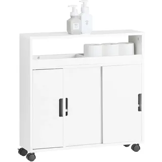 SoBuy Badezimmerschrank Nischenschrank auf Rollen Schmaler Schrank mit 2 Schiebetüren & offener Ablage Badmöbel Kommode für Bad, WC, kleine Räume 70x71x20cm Weiß BZR02-W