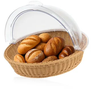 Mahlzeit Rattan Brotkorb mit Deckel | 42 x 39 x 29 cm | Rund | Brotkasten mit Sichtfenster, Brotkasten Kunststoff, Buffetvitrine, Backwarentheke, Buffet Zubehör, Brötchenbox mit Rolldeckel