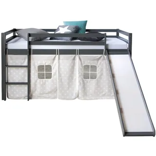Homestyle4u Hochbett 90x200 mit Vorhang und Rutsche in Grau Sterne 1871