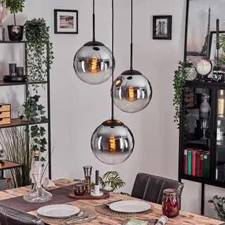 HOFSTEIN Hängeleuchte Gastor, 3-flammige Hängelampe aus Metall/Glas in Schwarz/Chrom-/Rauchfarben/Klar, moderne Pendelleuchte im Retro/Vintage-Design, Ø Schirme 25cm, E27, Esszimmer, Küche, Wohnzimmer