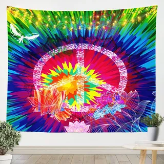 Hippie Friedenskunst Wandteppich 130x150cm Boho Tie Dye Psychedelische Blumen Wandbehang Schlafzimmer Dekor Bunte Friedenszeichen Bohemien Gypsy Tapisserie Jugendliche Wandtuch