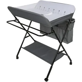 mobiler Wickeltisch mit Wickelaufsatz, Wickelkommode klappbar höhenverstellbar, Wickelkombi mit Sicherheitsgurt Aufbewahrungskorb Kleiderstange-80 * 63 * 93-99cm gebrochenes Weiß