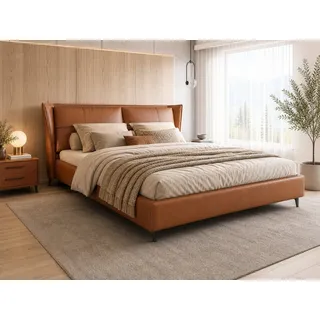 mukuhi Lederbett Polsterbett Echtleder 180x200 cm mit gepolstertem Doppelkopfteil