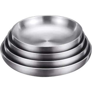 FülleMore 2er Set Essteller doppelwandig Edelstahlteller Frühstücksteller Rund Speiseteller Platzteller Dessertteller Serviertablett für Küche Party Picknick Grillen Camping (17cm)