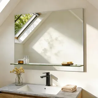 S'AFIELINA Spiegel mit Ablage 80x60 cm, Rahmenloser Badspiegel | Badspiegel mit Ablage für Badezimmer & Gäste-WC, Klassischer Wandspiegel mit Glasablage