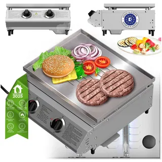 TurboTronic by Z-Line Gasgrill 6,3 kW Gas Grillplatte Edelstahl 2 Brenner Plancha Camping Balkon, 6,3kW (22.000 BTU), Piezo-Zündung, 46 × 40 cm Grillfläche, kleiner Gasgrill, Tischgasgrill, Gasbräter, Campinggrill, Balkongrill silberfarben