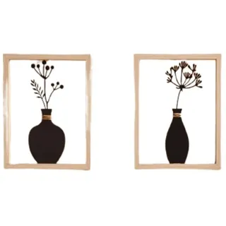 Home-trends24.de Wanddekoobjekt Vase Metall Wandbild Wand Deko Holz Rahmen 2er Set schwarz (2 St) beige|schwarz