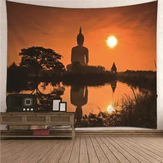 CEVAN Wandbehang Wanddecke Hippie Sonnenuntergang-Buddha Wandteppich One Piece Wanddekoration Design Wand Bild Kunst Dekorationen Decke Wandbehang Stoff Orangeschwarz 150x130cm