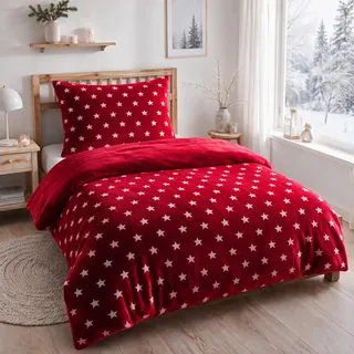 MALIKA Warme Winter Plüsch Sterne Wende-Bettwäsche Nicky-Teddy 'Cashmere Touch' Coral Fleece viele Farben & Größen, Farbe:Weinrot, Größe:135 x 200 cm