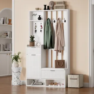 Merax Garderobenset Wandgarderobe, Kompaktgarderobe, Modern Flurgarderoben Set mit Schuhbank, 2 Schubladen, Türen, Wandpaneelen, Stylishe Garderobenständer für Flur Eingangsbereich, Flurmöbel, Weiß