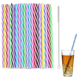 100 Stück Wiederverwendbare Strohhalme Plastik Trinkhalme | Plastik Strohhalme mit Strohhalmbürste,Bunt Plastikstrohhalme für Saft Smoothies Cocktail Heißgetränk,23cm Lang