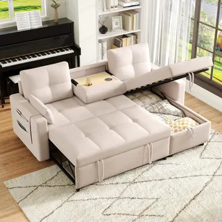 Merax Sofa Ecksofa mit Schlaffunktion – Ausziehbares Schlafsofa mit Bettkasten, Stauraum, herunterziehbarem Getränkehalter und Seitentaschen, L-förmige Schlafcouch für Wohnzimmer/Schlafzimmer, Beige