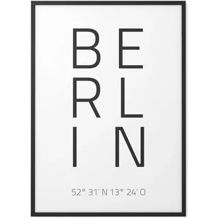 Papierschmiede® Geo Poster Koordinaten Berlin, A3 Gerahmt im Holzrahmen (schwarz), Stadt Bild als Wanddeko für Wohnzimmer Schlafzimmer Küche Esszimmer, Hauptstadt Großstadt Bärliner