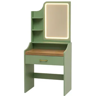 Aphrodite - Schminktisch mit LED-Licht, Schublade, 3 Ablagen und Steckdosen, Makeup-Station aus salbeifarbenem Holz - Grün