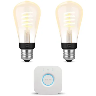 Philips Hue Starterpaket - E27 - mit 2 Filament Edison Glühbirnen Klein (ST64) - Warm bis Kaltweißes Licht - inkl. 1 Hue Bridge - Hue White Ambiance Filament