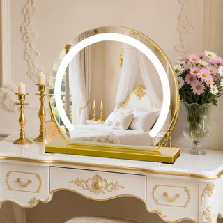 TYhogar Tischspiegel Kosmetikspiegel mit Beleuchtung Schminkspiegel mit Licht 3 Farbtemperatur Verstellbares 360° Drehung 40x40cm 9W Touch Steuerung Plug-in Makeup Spiegel für Zuhause Gold
